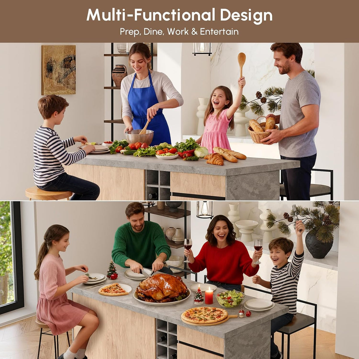 homary 72" Large Gray Kitchen Island with Storage & LED Lights, Wood Freestanding Island with Wine Rack, Drawers, Cabinet & Shelves, Modern for Kitchen & Dining Room