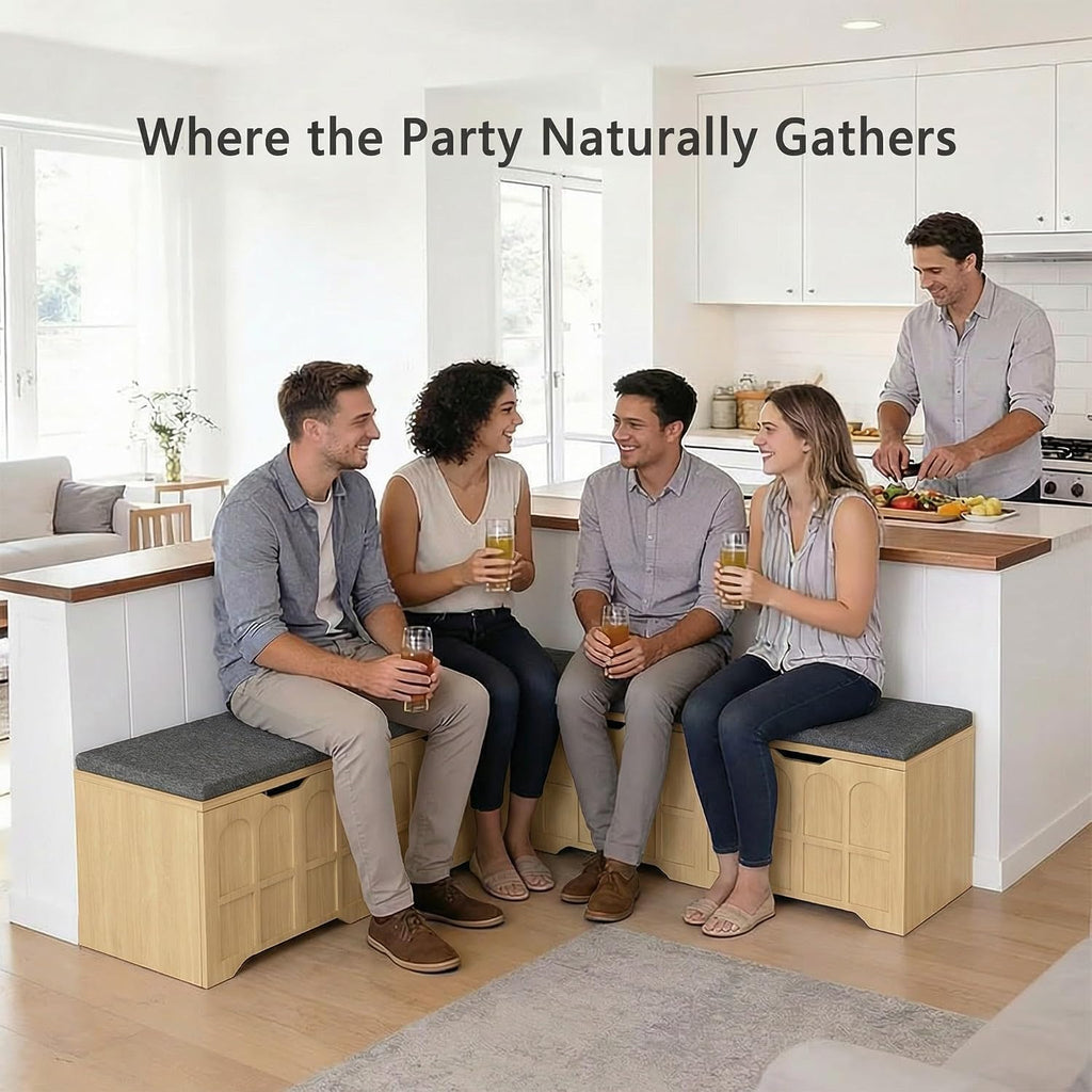 63" L-Shaped Bench with Cushion & Arched Doors, Breakfast Nook Benches with Hidden Storage, Kitchen Corner Dining Bench Seating for Entryway, Dining Room Kitchen, Natural Oak