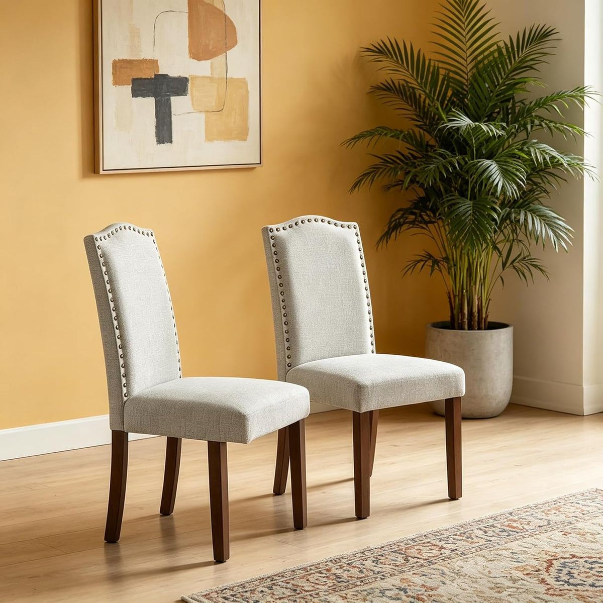 Simple Deluxe Set of 2 Upholstered Parsons Dining Chairs, Fabric Dining Room Chairs with Solid Wood Legs & Nailhead Trim, Multi-Use for Kitchen, Living Room & Bedroom, Gray