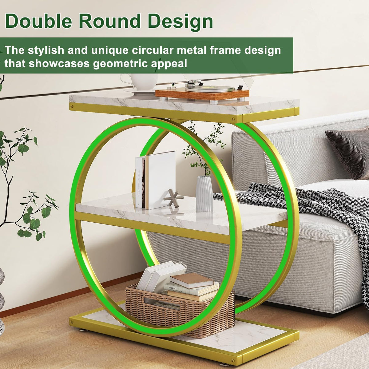 IBUYKE Narrow End Table with 3 Storage Shelves, Industrial Sofa Side Table, Double Round Metal Frames, Slim Nightstand and Bedside Table for Bedroom, Living Room, White with Gold UTMJ418G