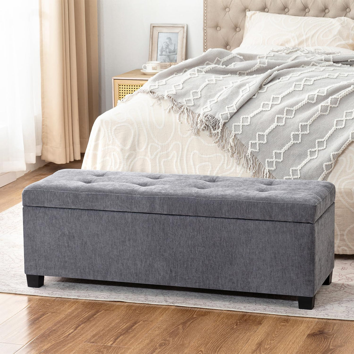 Asense Storage Ottoman Bench,42 inch Upholstered End of Bed Bench,Safety Hinge Storage Bench for Living Room,Bedroom,Entryway (42" Cotton-Linen Grey)