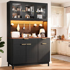 71'' Fluted Kitchen Pantry Cabinet with Power Outlet & LED Light, Food Kitchen Hutch with Countertop, Wood Pantry Storage Cabinet with a Drawer & Shelves for Living Room, Dining Room, Black