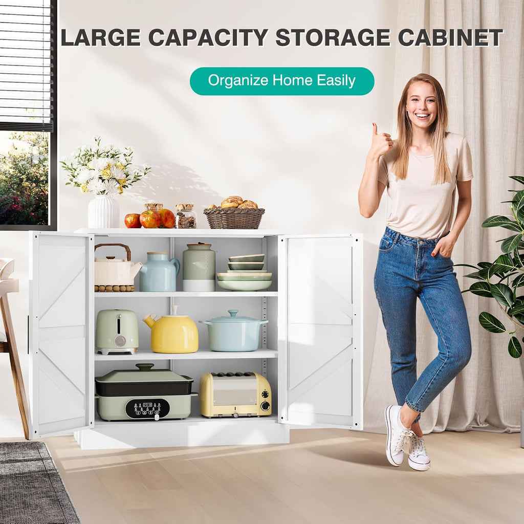 White Storage Cabinet with Doors and Adjustable Shelves,36" Farmhouse Food Pantry Cabinets,Small Sideboard Cabinet,Short Metal Storage Cabinets for Home Kitchen,Dining/Living/Laundry/Room