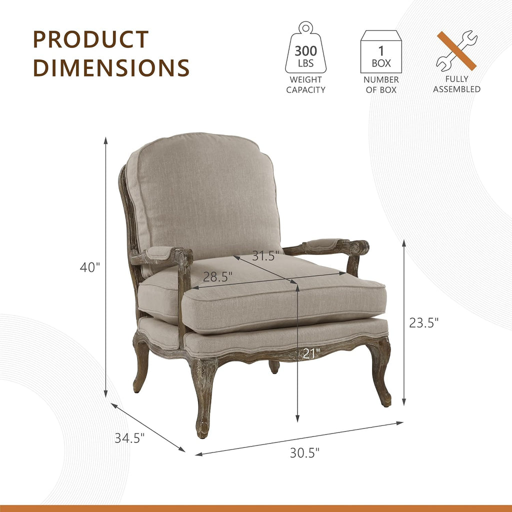 Lexicon French Country Wood Accent Chair, Carved Frame, Neutral | Living Room Chair with Carved Show Wood Frame, Cabriole Legs, Padded Arms, Reversible Cushion, Arrives Assembled