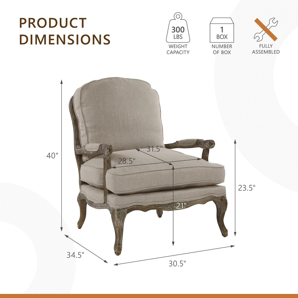 Lexicon French Country Wood Accent Chair, Carved Frame, Neutral | Living Room Chair with Carved Show Wood Frame, Cabriole Legs, Padded Arms, Reversible Cushion, Arrives Assembled