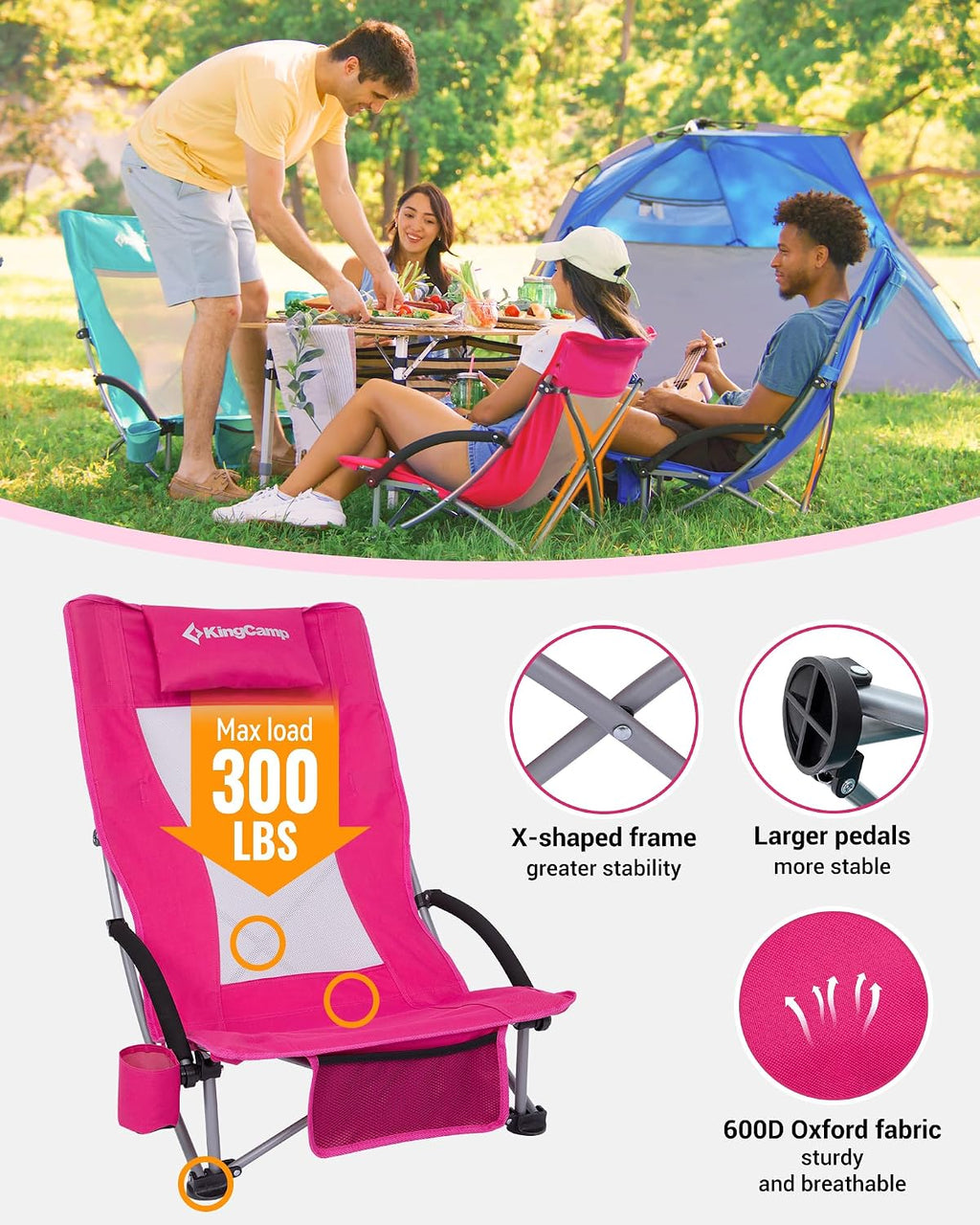 KingCamp Low Beach Chair, High Back Folding Camping Chair for Adults, Oversized Breathable Mesh Seat, 300lbs Heavy Duty Portable Chair with Cup Holder & Storage Pockets for Beach, Outdoor
