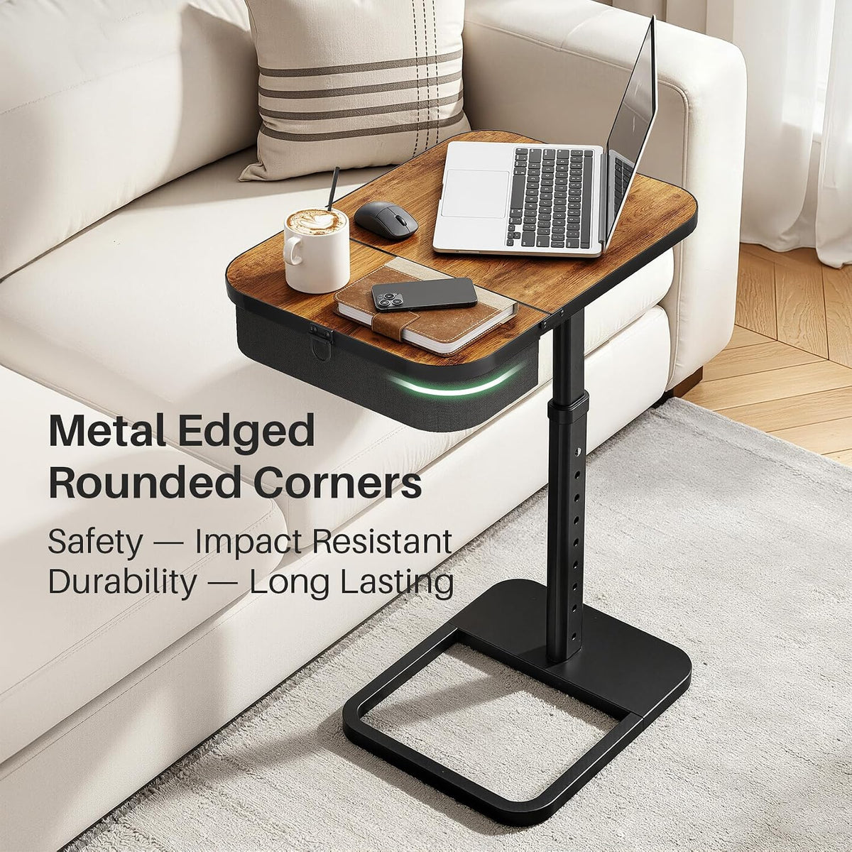 Kitstorack Large TV Tray Table with Flip-Top Storage, Adjustable Height | 18.9" x 14.2" desktop, metal frame, Oxford fabric basket, 9 height settings, C-shaped base, sofa, bed, living room