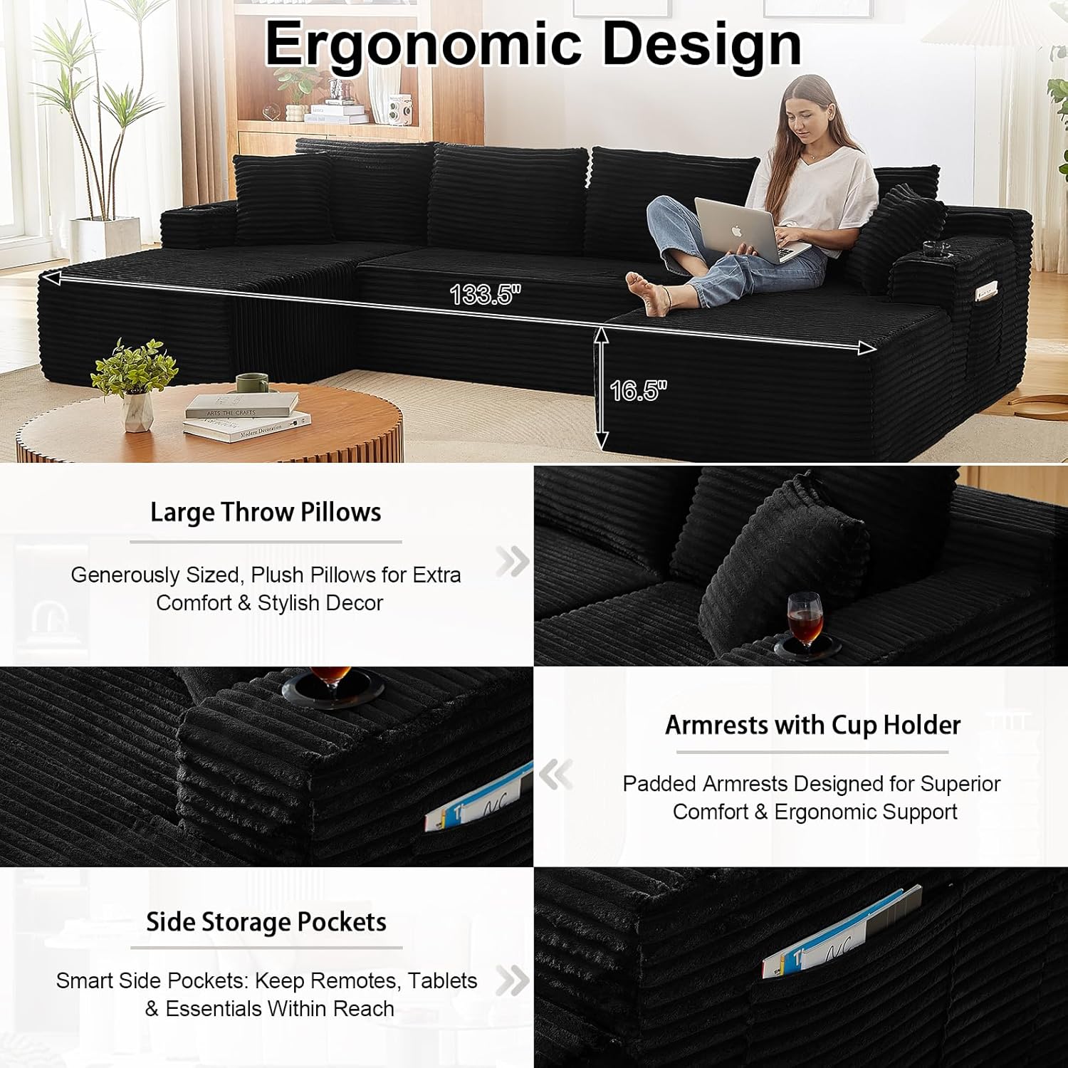 134 Inch Modular Sectional Sofa, Cloud Couch for Living Room | Modern Corduroy Couch with Side Pockets & Cup Holders, Oversized 4-Seater Deep Seat Sofa, No Assembly Required, Black