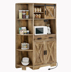 DWVO Kitchen Pantry Cabinet with Power Outlet, 67" Tall Farmhouse Pantry Storage Cabinet with Barn Doors, Drawer & Microwave Stand, Freestanding Hutch for Kitchen & Dining Room, Rustic Brown
