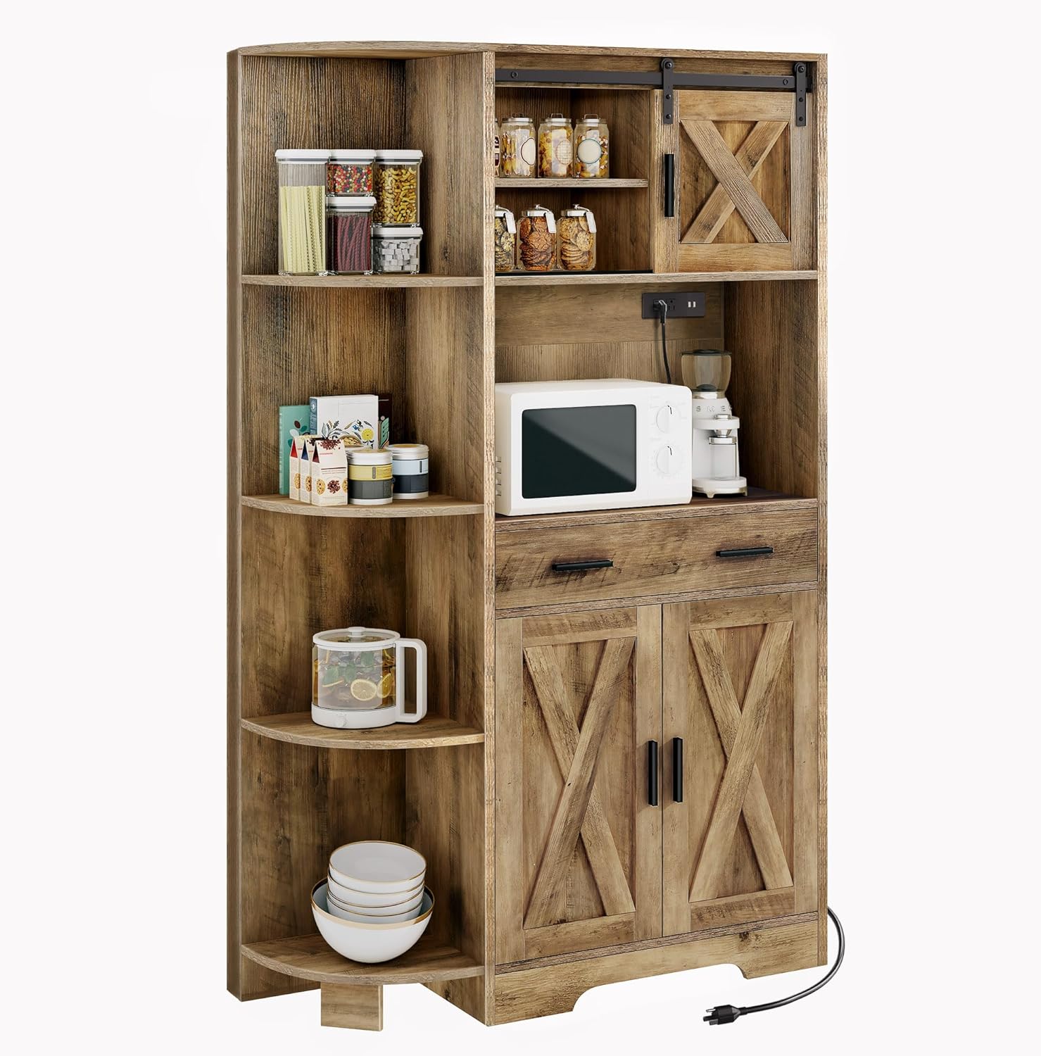 DWVO Kitchen Pantry Cabinet with Power Outlet, 67" Tall Farmhouse Pantry Storage Cabinet with Barn Doors, Drawer & Microwave Stand, Freestanding Hutch for Kitchen & Dining Room, Rustic Brown
