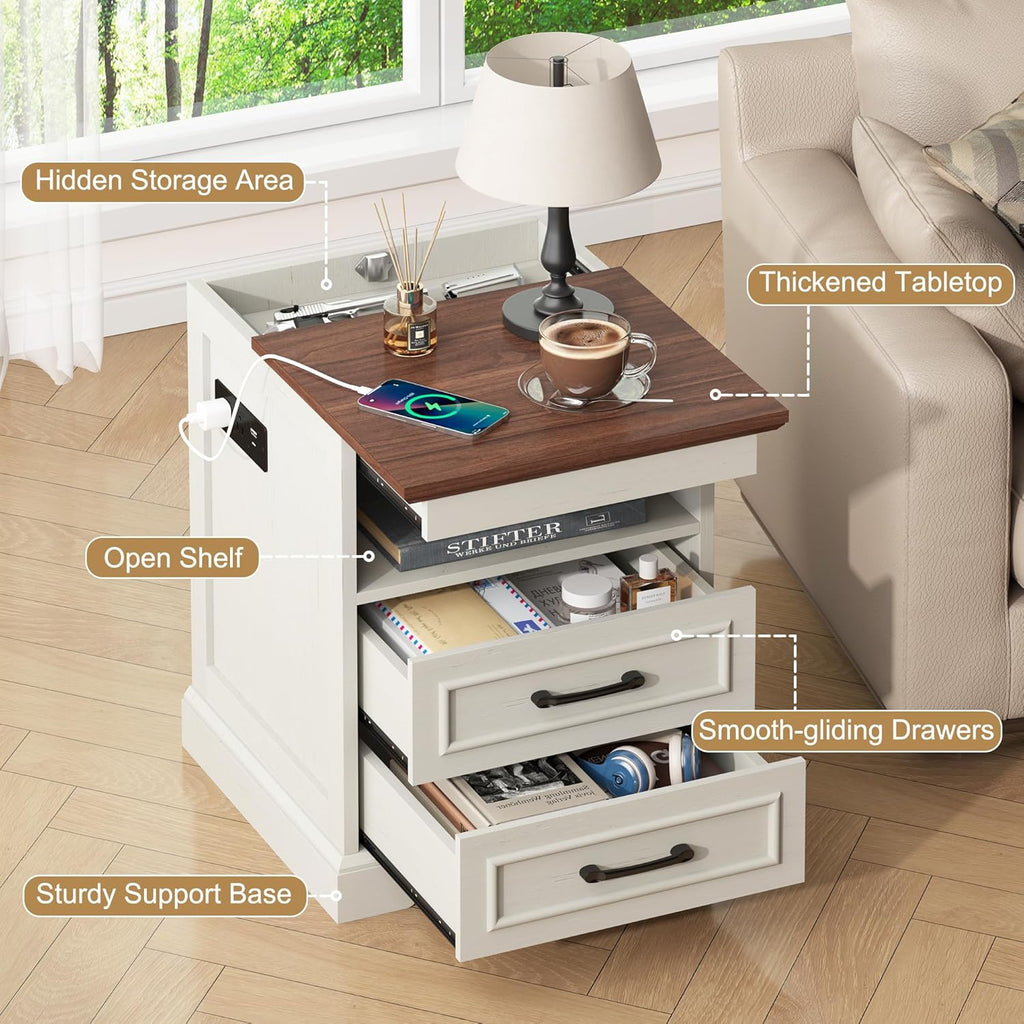 Gadroad 18" Farmhouse Accent Nightstand with Charging Station, End Table with 3 Drawers Storage, Side Table, Bedside Cabinet for LivingRoom Bedroom Office, Brown