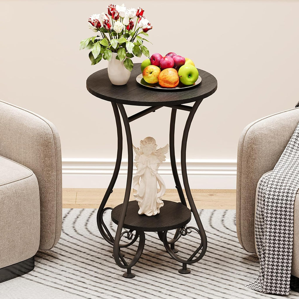X-cosrack Small Round Side Table,Round End Table for Small Spaces - Black Metal Nightstand with Adjustable Feet,Couch Sofa Coffee Table,Retro Accent Table for Living Room Bedroom Balcony
