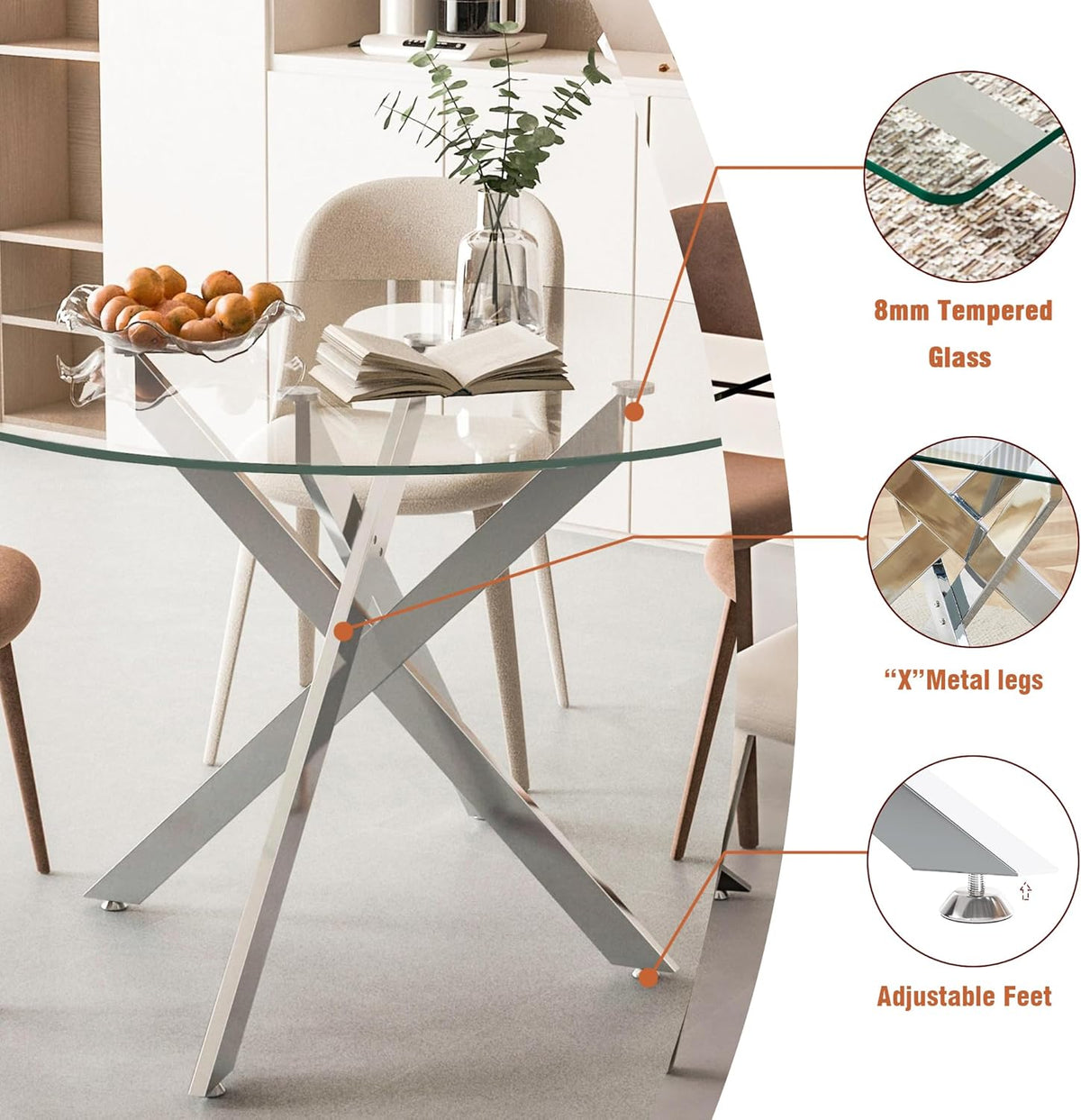 Henf 5 Piece Round Dining Table Set with 4 Chair, 47'' Round Glass Dining Room Table Set for 4, X-Shape Silver Metal Legs, Glass Kitchen Table and Chair Set for 4, Circular Dinner Desk for Kitchen
