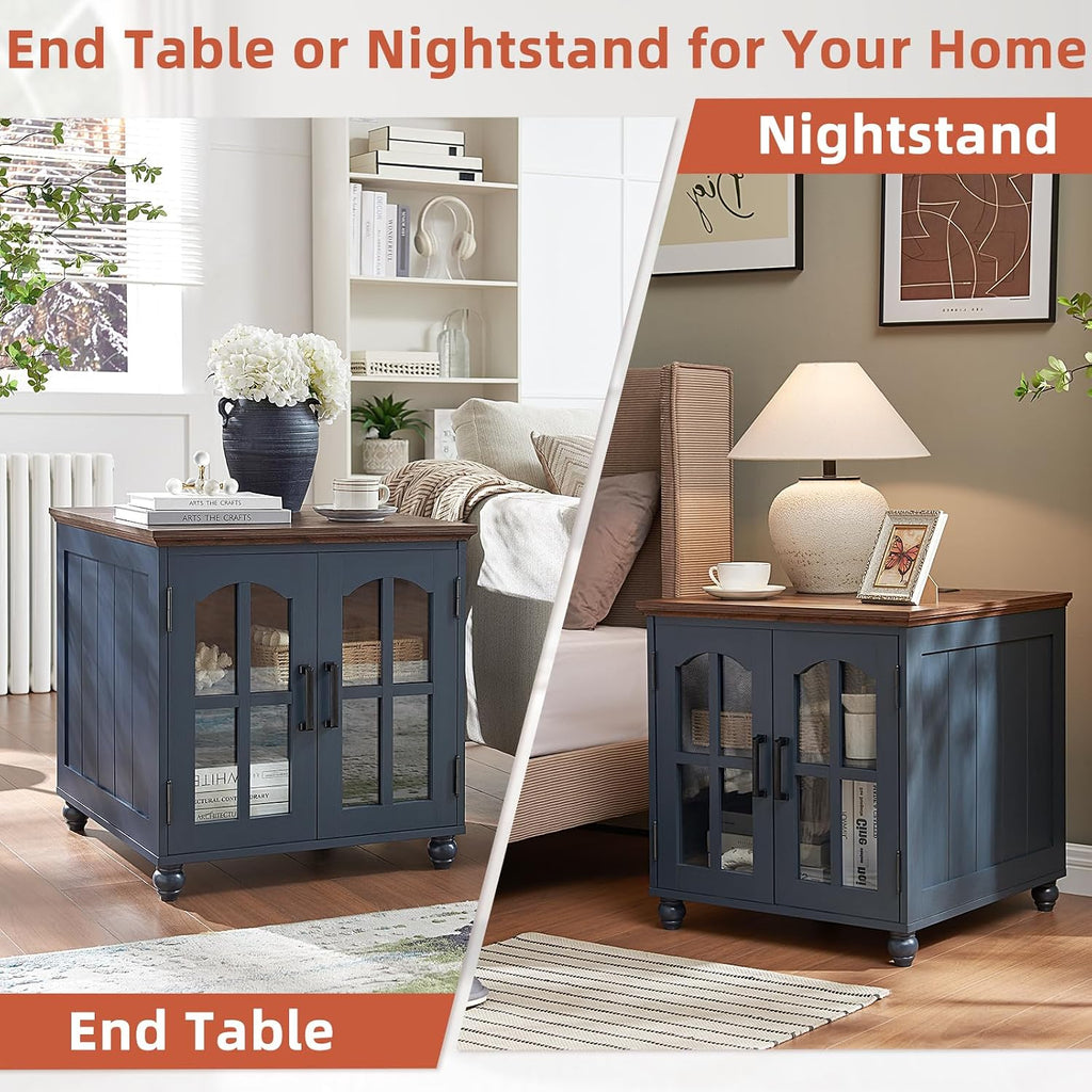 RWYHG Farmhouse End Table Set of 2 with Charging Station, 18'' Narrow Side Table and 24" Large Sofa Side Table with Glass Barn Door Storage, Wood Night Stand Bedside Table for Living Room,Bedroom