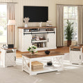 AMERLIFE 4-Piece Farmhouse Living Room Furniture Set with 66" TV Stand, Coffee Table & 2 End Tables, Barn Door Design, Large Storage Shelves, Built-in Charging Station & USB Ports, Distressed White