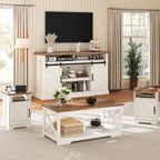 AMERLIFE 4-Piece Farmhouse Living Room Furniture Set with 66" TV Stand, Coffee Table & 2 End Tables, Barn Door Design, Large Storage Shelves, Built-in Charging Station & USB Ports, Distressed White