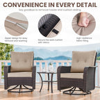 Gotland Outdoor Swivel Chairs Set of 2, 3 Pieces Patio Furniture Set with Thick Cushion, Wicker Rocking Patio Chairs Set of 2, Patio Bistro Set with Double-Layer Coffee Table for Balcony Porch Khaki