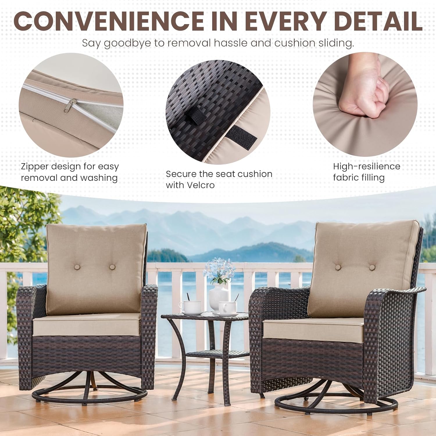 Gotland Outdoor Swivel Chairs Set of 2, 3 Pieces Patio Furniture Set with Thick Cushion, Wicker Rocking Patio Chairs Set of 2, Patio Bistro Set with Double-Layer Coffee Table for Balcony Porch Khaki