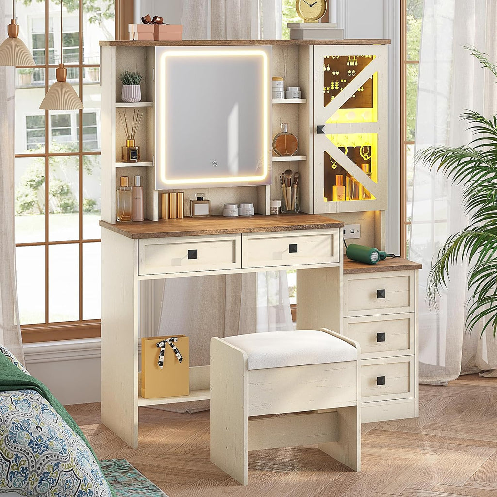 AOGLLATI Farmhouse Vanity Desk with Mirror and Lights, Makeup Vanity Set with Lights & Jewelry Cabinet & 5 Drawers, Vanity Table with Charging Station, Hidden Storage Space for Bedroom, Antique White