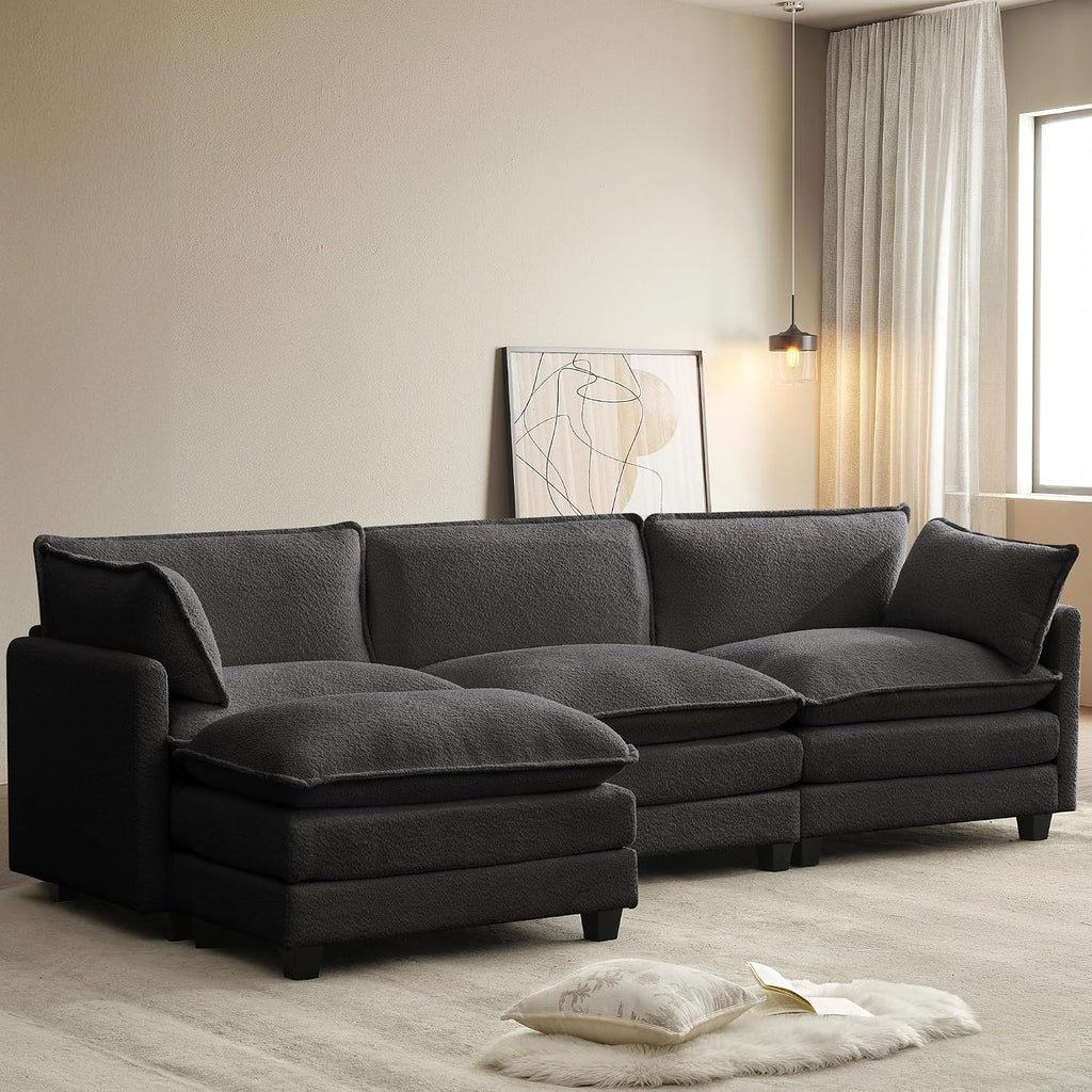 ROWHY 112'' Modular Sectional Cloud Couch with Movable Ottoman, 4 Seat Modern Chenille Sofa, Deep Seat L Shaped Couch for Living Room Bedroom Apartment, Grey | Sturdy Frame