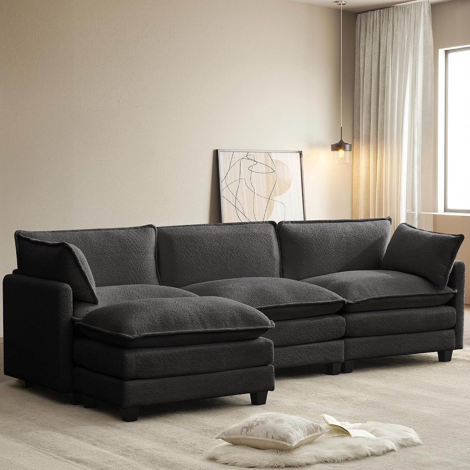 ROWHY 112'' Modular Sectional Cloud Couch with Movable Ottoman, 4 Seat Modern Chenille Sofa, Deep Seat L Shaped Couch for Living Room Bedroom Apartment, Grey | Sturdy Frame