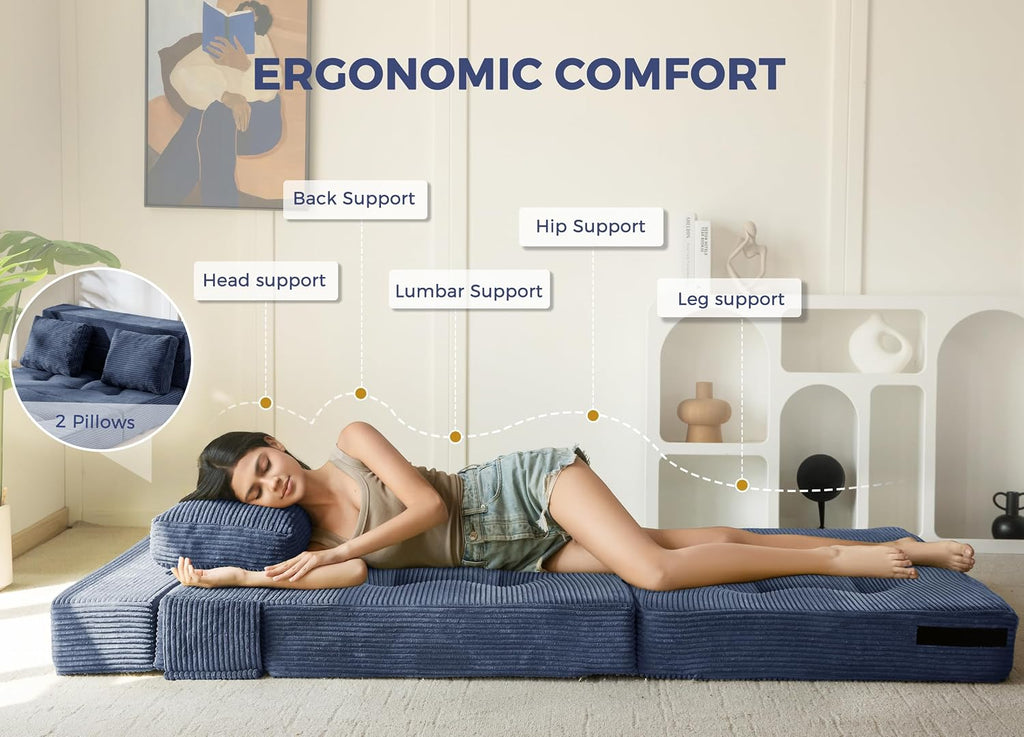 MAXYOYO Convertible Sofa Bed, Fold Out Sofa Couch with Pillow for Adults | Loveseat Sofa 4 in 1 Tufted Folding Couch Bed Foam Floor Couch, Lazy Chair for Living Room Bedroom Guest Room, Dusty Blue