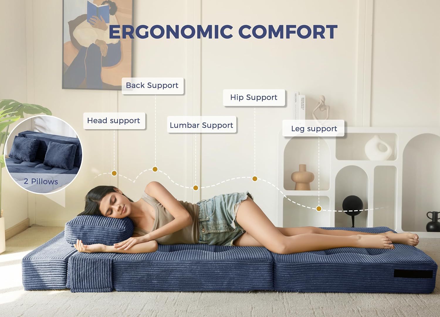 MAXYOYO Convertible Sofa Bed, Fold Out Sofa Couch with Pillow for Adults | Loveseat Sofa 4 in 1 Tufted Folding Couch Bed Foam Floor Couch, Lazy Chair for Living Room Bedroom Guest Room, Dusty Blue