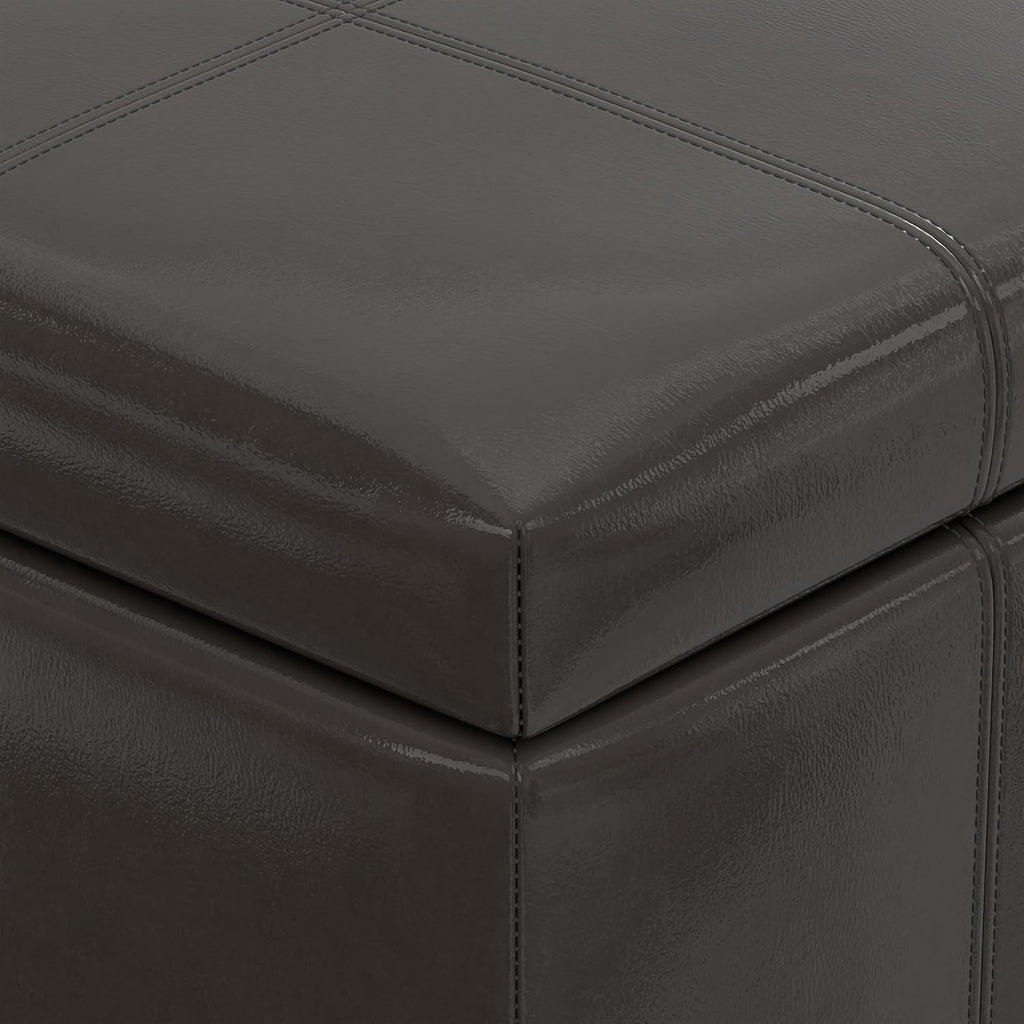 SIMPLIHOME Dover 36" Wide Vegan Leather Storage Ottoman in Tanners Brown | Contemporary ottoman with lift-top and safety hinges; upholstered rectangle storage bench for living room and entryway.