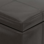 SIMPLIHOME Dover 36" Wide Vegan Leather Storage Ottoman in Tanners Brown | Contemporary ottoman with lift-top and safety hinges; upholstered rectangle storage bench for living room and entryway.
