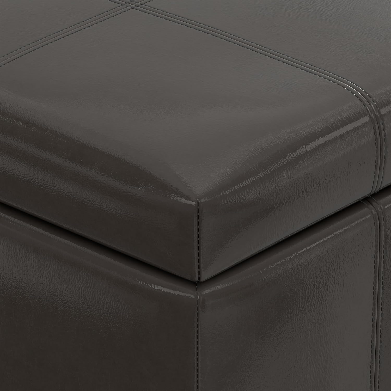 SIMPLIHOME Dover 36" Wide Vegan Leather Storage Ottoman in Tanners Brown | Contemporary ottoman with lift-top and safety hinges; upholstered rectangle storage bench for living room and entryway.
