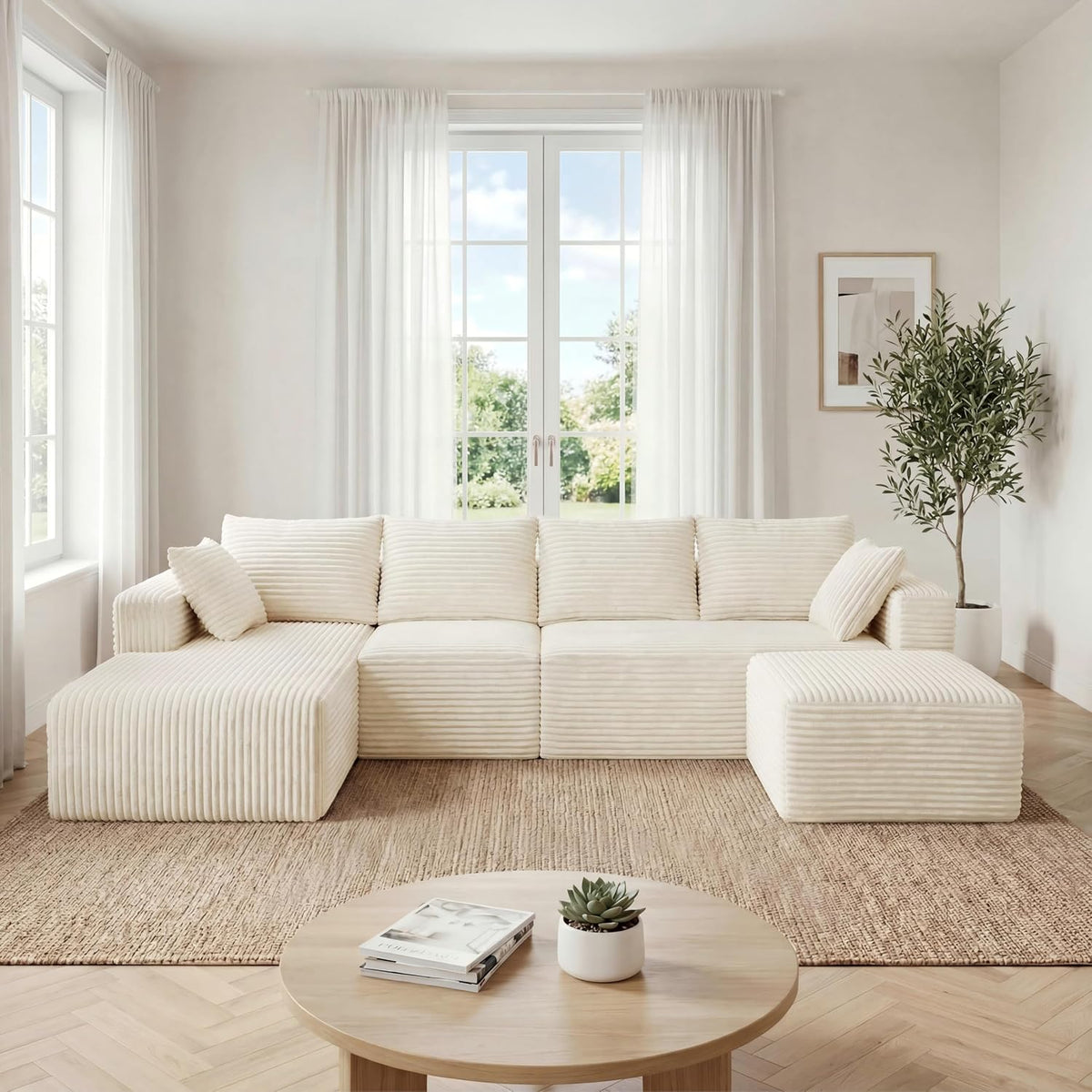 118" U-Shaped Modular Sectional Sofa Set,Soft Corduroy Cloud Couch with Chaise & Ottoman,Deep Seat Couches for Living Room,No-Assembly - Beige (Left Facing Chaise)