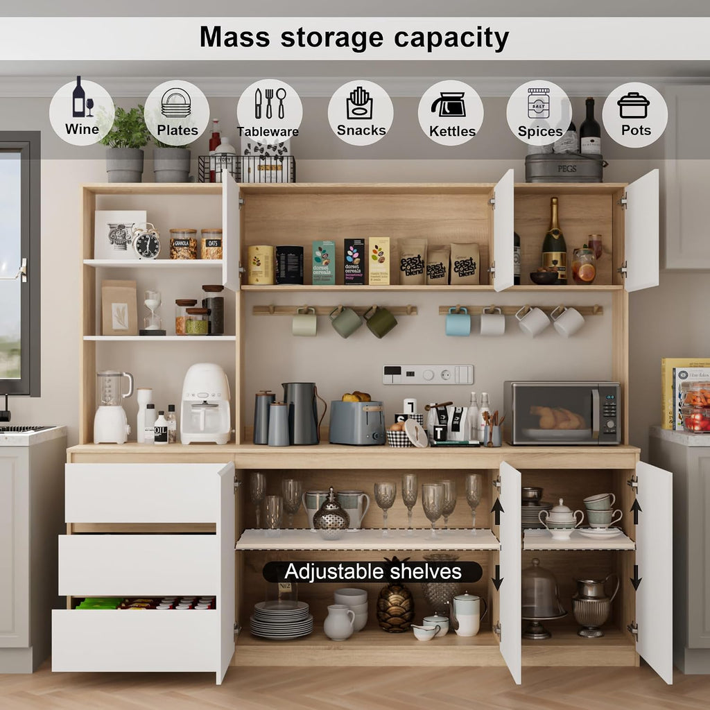 Mekminop Extra Large Kitchen Pantry with Microwave Shelf, Kitchen Hutch Storage Cabinet with Countertop, Freestanding Countertop Cabinet with 3 Drawers and 3 Open Shelves, White + Walnut