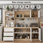 Mekminop Extra Large Kitchen Pantry with Microwave Shelf, Kitchen Hutch Storage Cabinet with Countertop, Freestanding Countertop Cabinet with 3 Drawers and 3 Open Shelves, White + Walnut