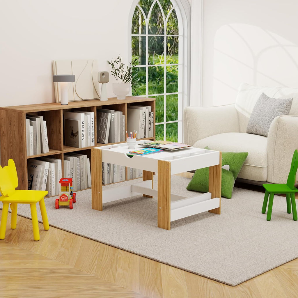 2-in-1 Play Table Set with 2 Chairs, Brick Base and Whiteboard Top | 2 Chairs Included|Full Storage|2-in-1 Design|Playroom|Bedroom|Home