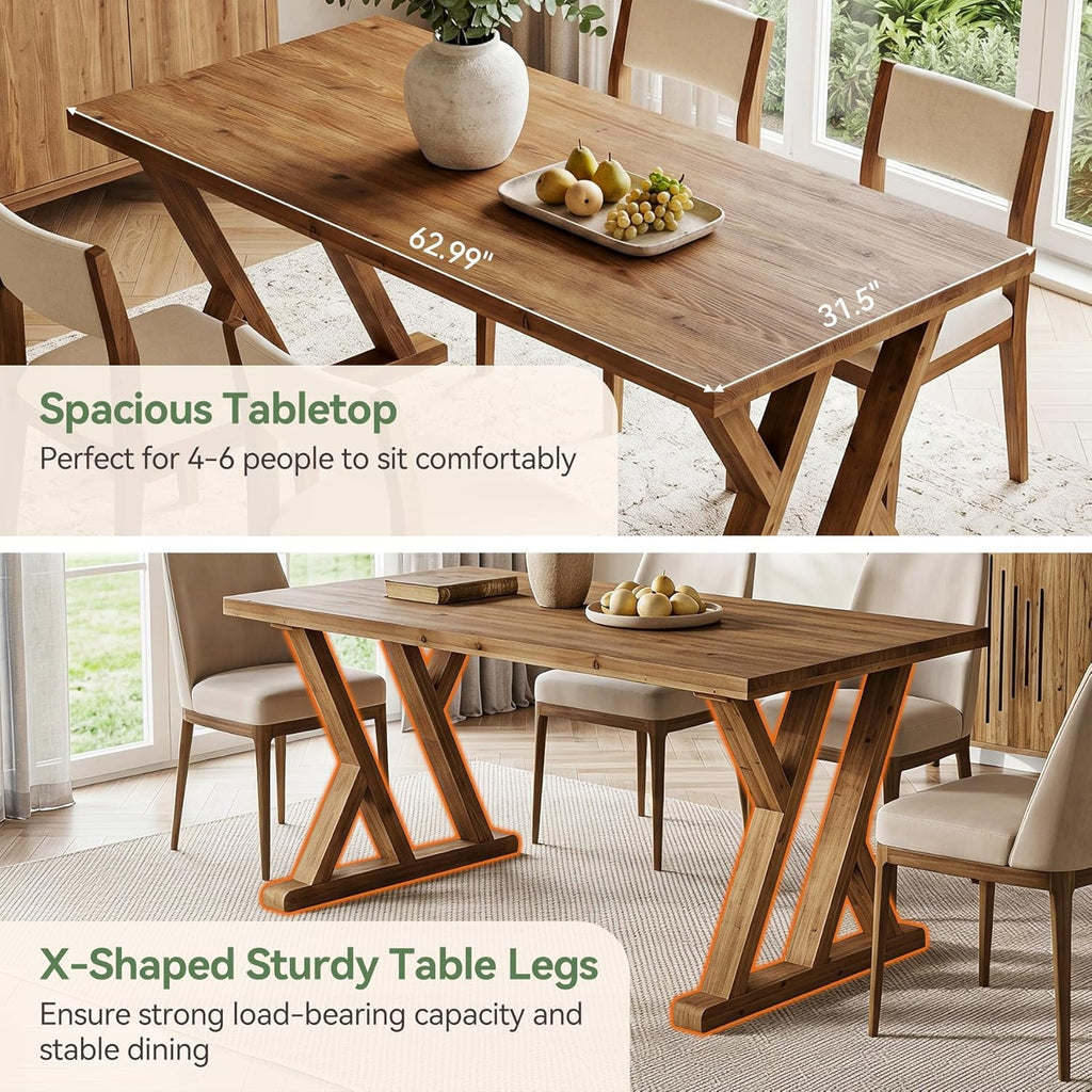 63" Farmhouse Solid Wood Dining Table for 4-6, Wooden Rectangular Rustic Kitchen Dinner Table with Heavy-Duty Legs for Living Room, Dining Room, Brown