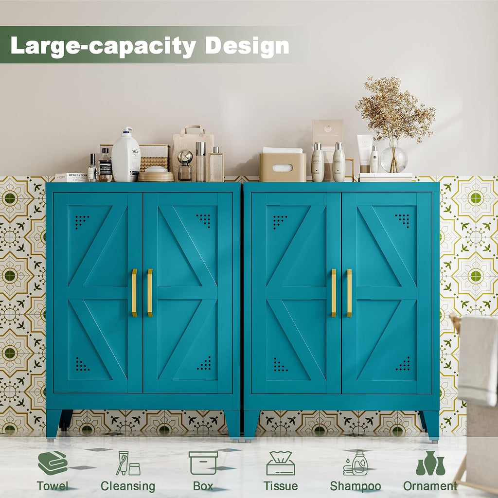 32" Metal Bathroom Storage Cabinet,Floor Storage Cabinet with 2 Doors and 2 Adjustable Shelves,Freestanding Sideboard for Small Spaces, Hallway, Dining Room,Blue