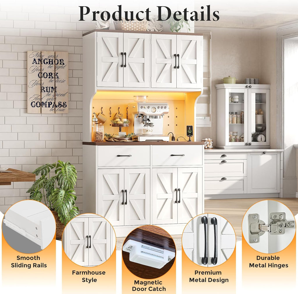 VK·LIVING 71" Kitchen Pantry Cabinet with LED Light & Charging Station, Farmhouse Storage Cabinet with Adjustable Shelves & 2 Drawers, Large Kitchen Pantry with Coffee Bar, White