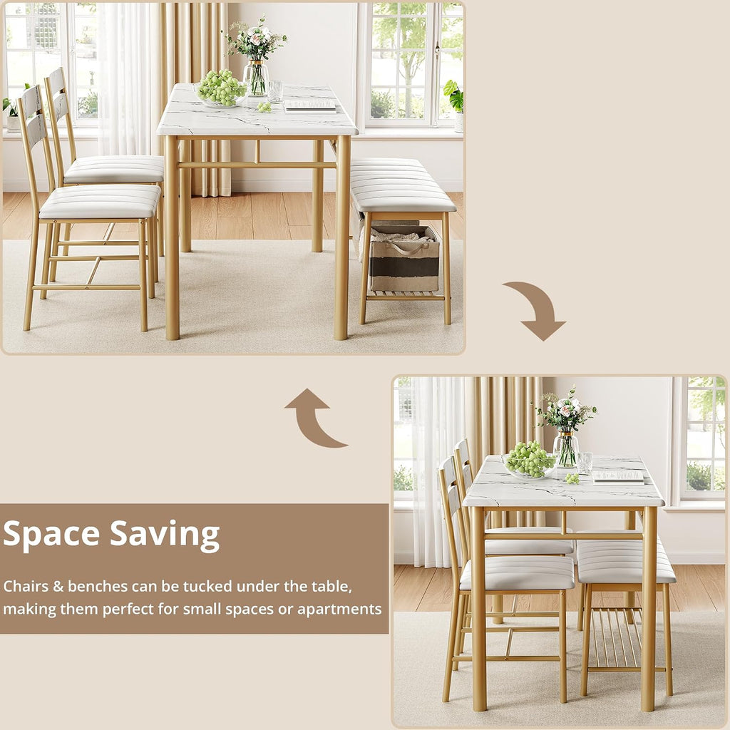 IRONCK Dining Table Set for 4, Kitchen Table and Chairs Set, White & Gold | Kitchen Table with Upholstered Bench and 2 Chairs for Small Space, Apartment