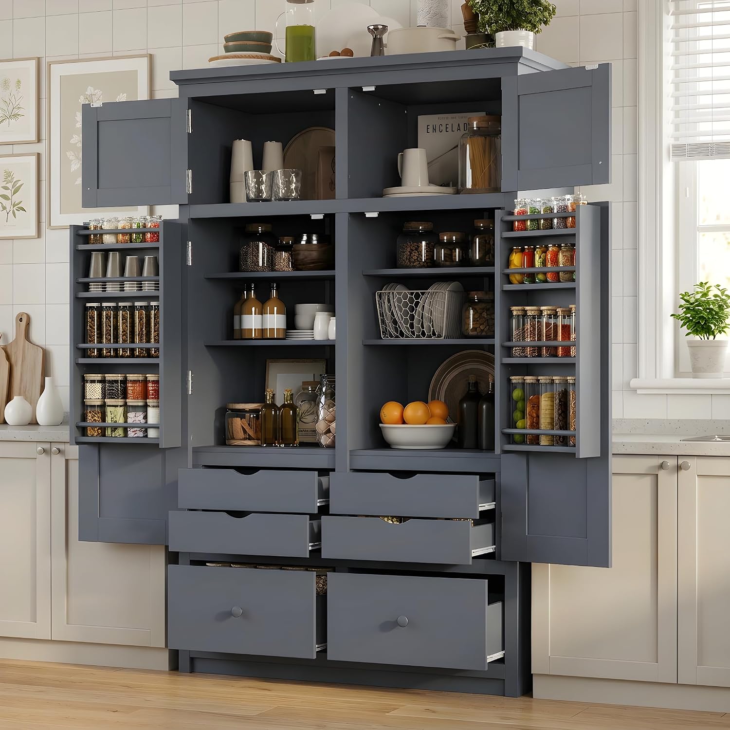 Tall Kitchen Pantry Cabinet with Adjustable Shelves, Freestanding Large Cupboard with 8 Door Shelves, 4 Pull-Out Trays, 6 Drawers for Kitchen, Dining Room (Grey)