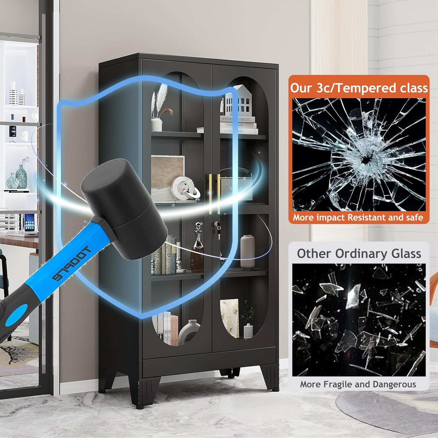 GAIOUS 61" Tall Metal Curio Cabinet, Display Cabinet with Glass Door, 4 Tier Liquor Cabinet with 3 Adjustable Shelves, Locking Glass Display Case for Collectibles, Showcase Storage Cabinets, Black