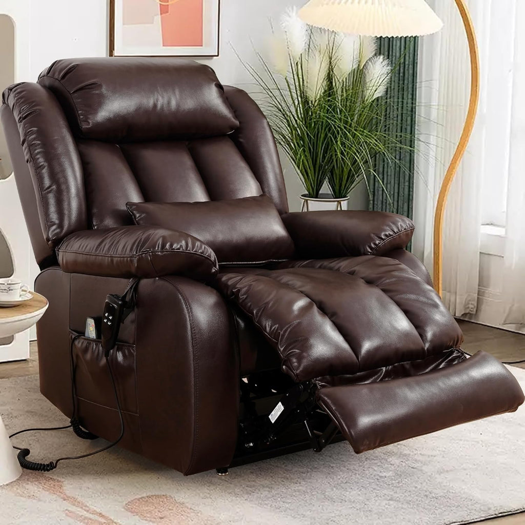 EDILLY XL Large Genuine Leather Lift Chair Recliner for Elderly, Dual Motor with Massage and Heating,with Double Lumbar Cushion and Extended Footrest,USB Port and Remote,Seat Width 26"(Brown)