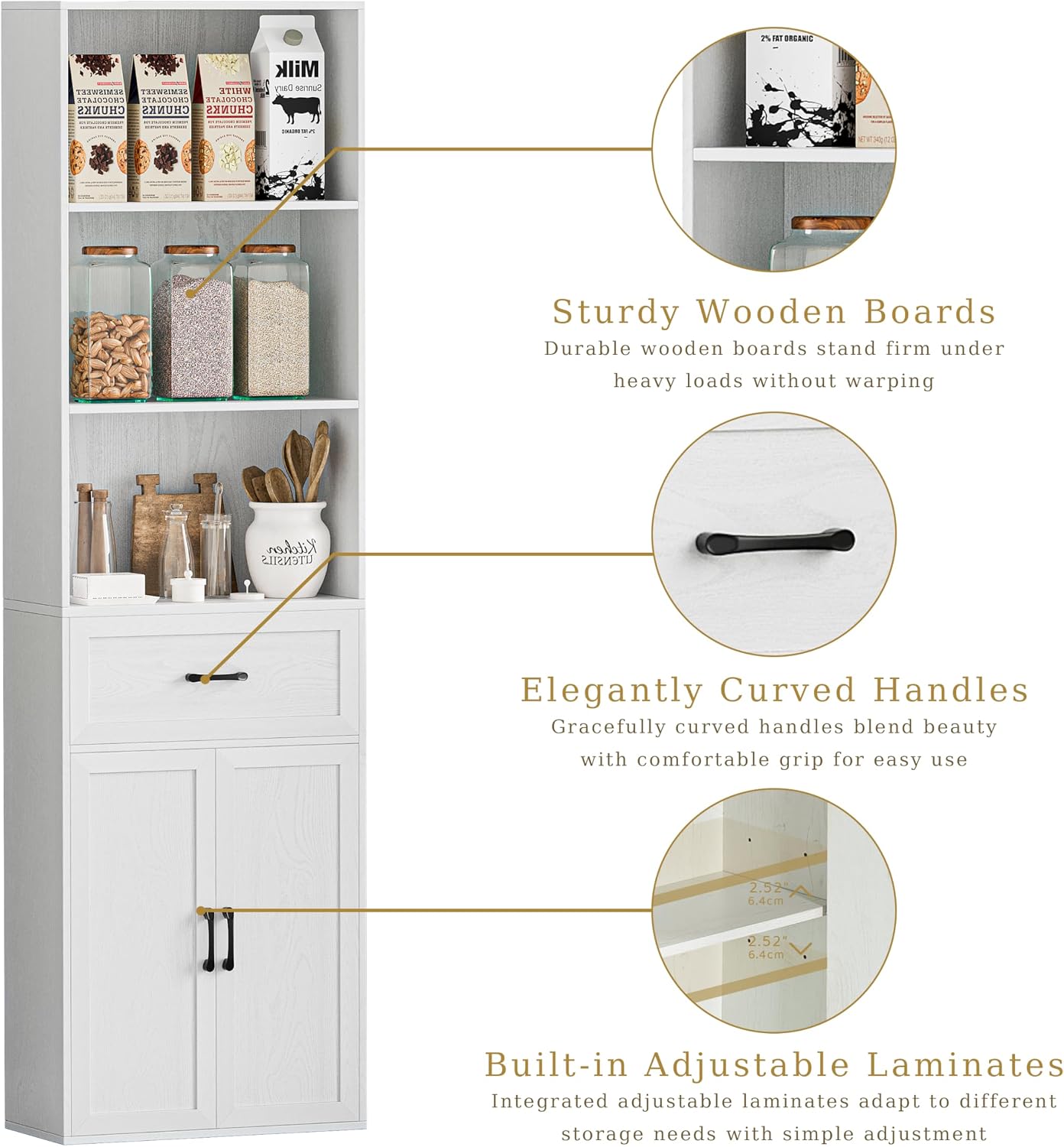 67" Tall Kitchen Pantry Storage Cabinet, Modern Freestanding Food Storage Unit with Doors, 4 Tier Open Shelves, Cupboard for Small Kitchen, Mudroom or Hallway (White, with Drawer)