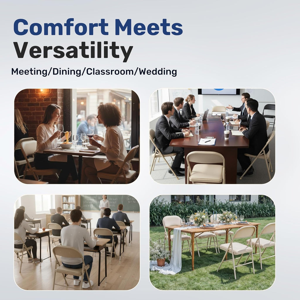 Simple Deluxe Dining Chairs Set of 4, Leather Cushion Foldable Contemporary Kitchen Side Chair with Padded Back & Sturdy Metal Legs, Upholstered Seat for Home/Living Room/Bedroom/Cafe, Tan
