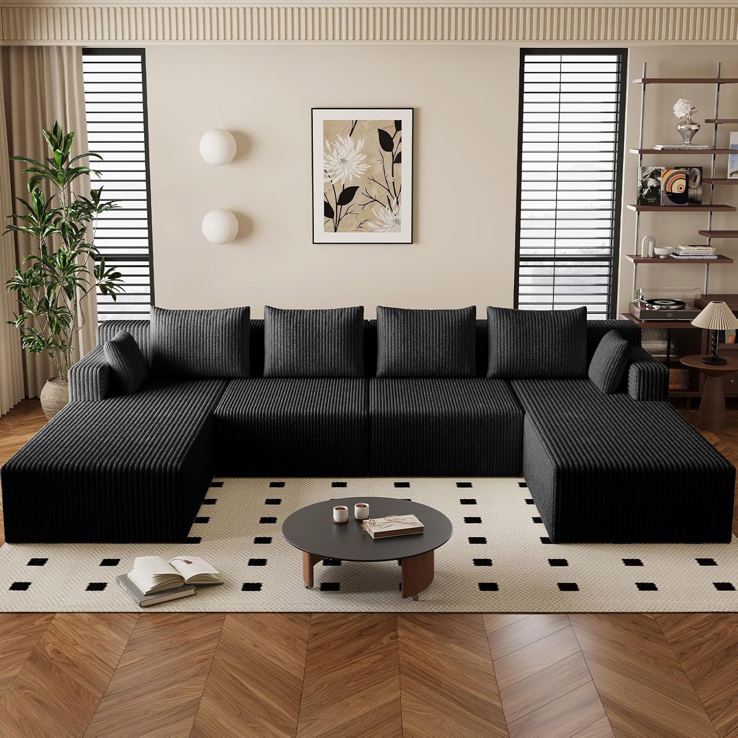 142"U Shape Sectional Couch,Oversized Couches for Living Room | Modern Corduroy Sofa with 2 Chaise, 4 Seater Deep Seat Memory Foam Compressed Sofa, No Assembly, Non-slip Base, Black