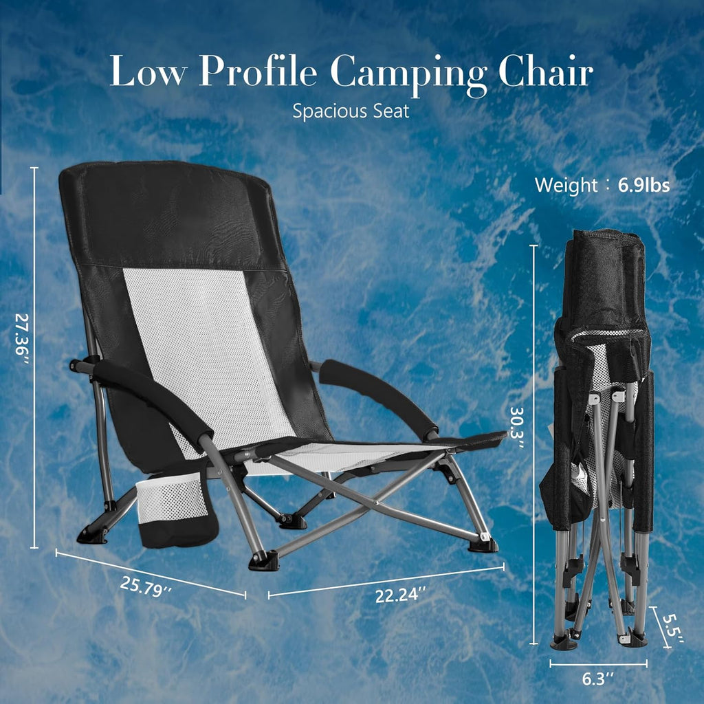 DUMOS Folding Camping Beach Chair, Lightweight Low Portable Beach Chair with Cup Holder, Storage Pocket, Breeze Mesh Back, Padded Armrests, Low Profile Chair for Camp, Picnic, Lawn, Sand, Black