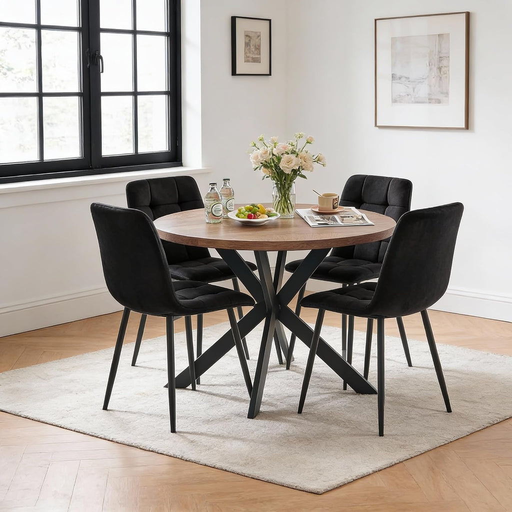 5-Piece Round Dining Table Set - Kitchen Table Chairs Set of 4 with Black Velvet Upholstered Chairs -Dining Table Set for 4