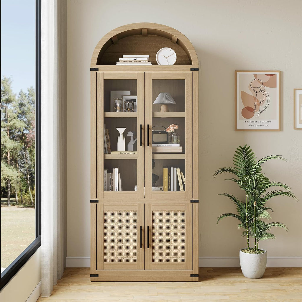 Kitchen Pantry Cabinet, Arched Bookcase with Doors, Wooden Display Cabinet with Storage Shelves, Farmhouse Bookcase for Living Room, Kitchen, Dining Room & Office