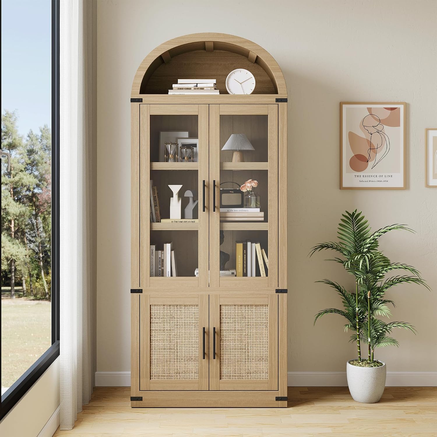 Kitchen Pantry Cabinet, Arched Bookcase with Doors, Wooden Display Cabinet with Storage Shelves, Farmhouse Bookcase for Living Room, Kitchen, Dining Room & Office