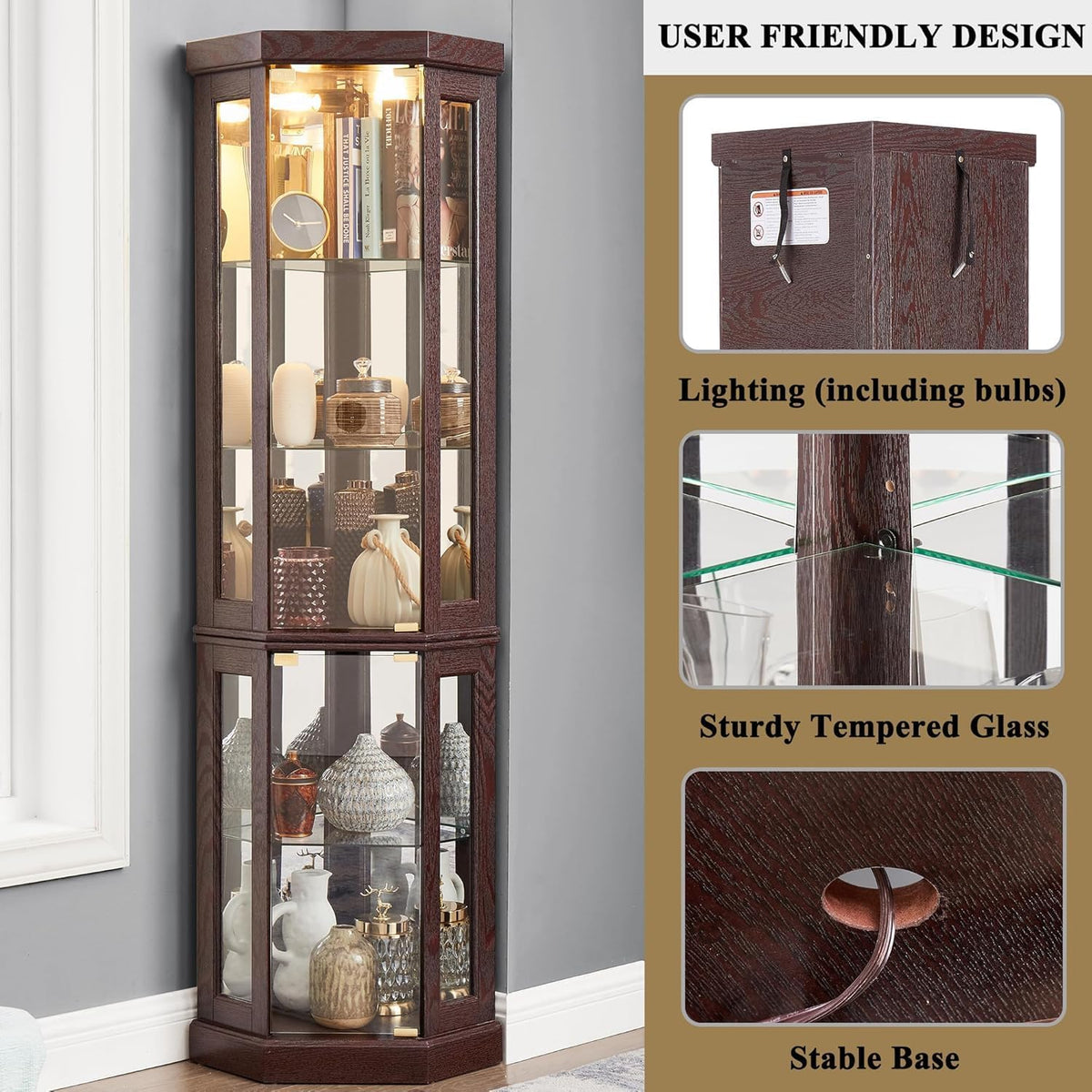 69" H Lighted Corner Curio Cabinet, 5-Tier Curio Glass Display Cabinet with Door & Adjustable Glass Shelves, Wooden Display Showcase Corner Storage Cabinet for Living Room (Dark Cherry)