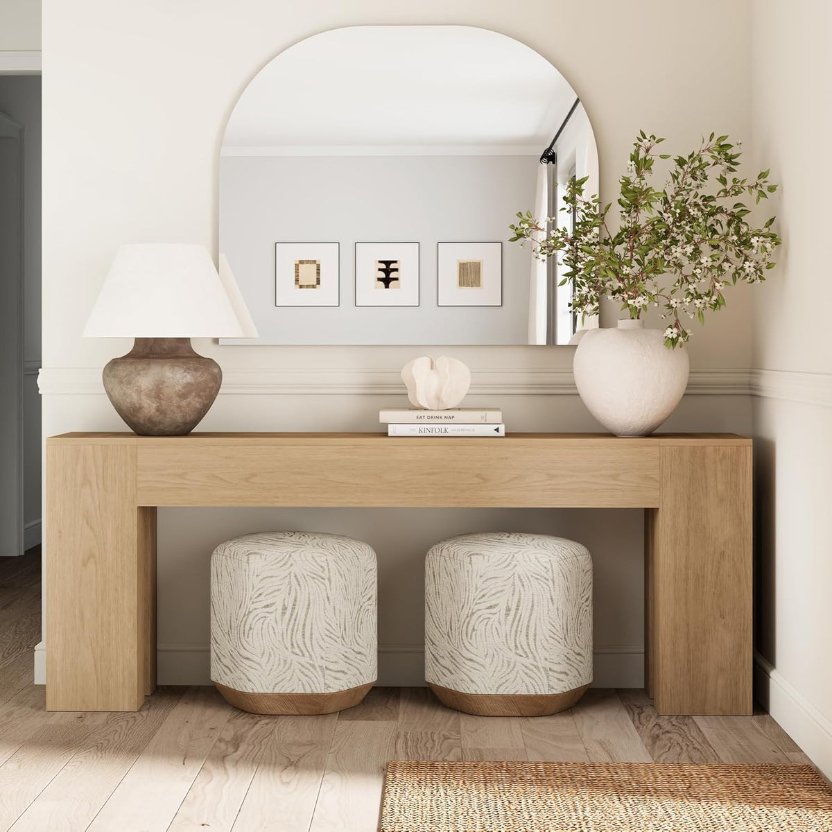 Extra Long 79" Light Oak Wood Console Table for Entryway, Farmhouse Sofa Table Behind Couch, Large Rectangular Accent Table with Double Base for Living Room Hallway Foyer